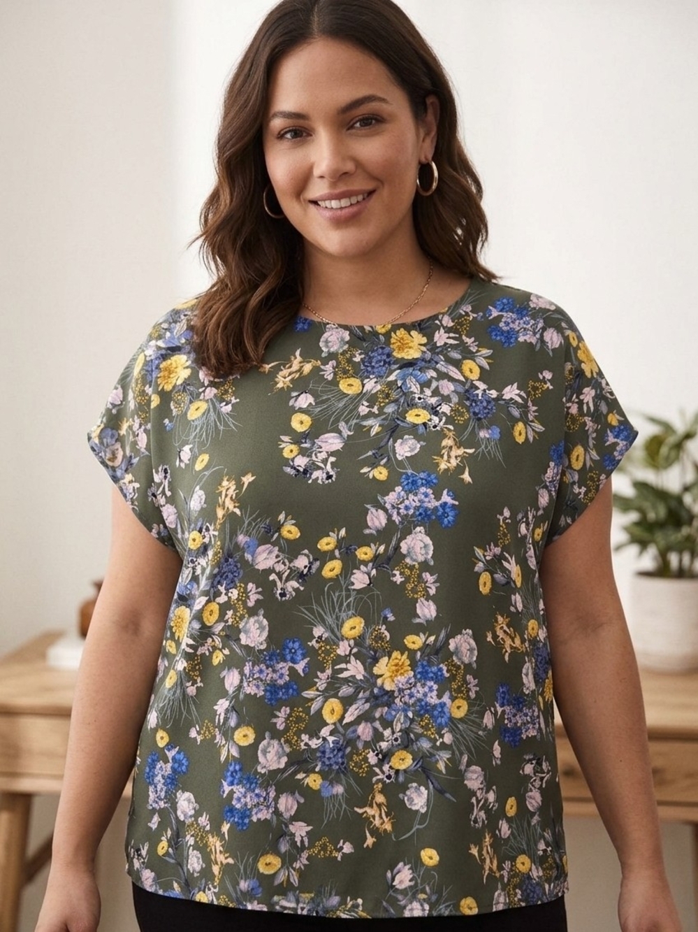 Halogen - Olive Floral Cap-Sleeve Blouse with Yellow & Blue Accents